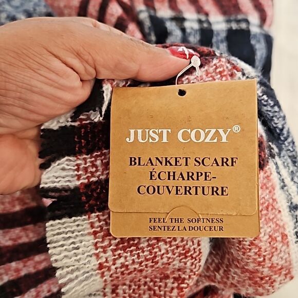 Just Cozy Blanket Fringed Scarf Red & Blue - Picture 4 of 16